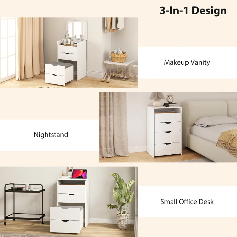HOMCOM Toeletta 3 in 1 con Specchio Ribaltabile e Sgabello, con Cassetti, Bianco