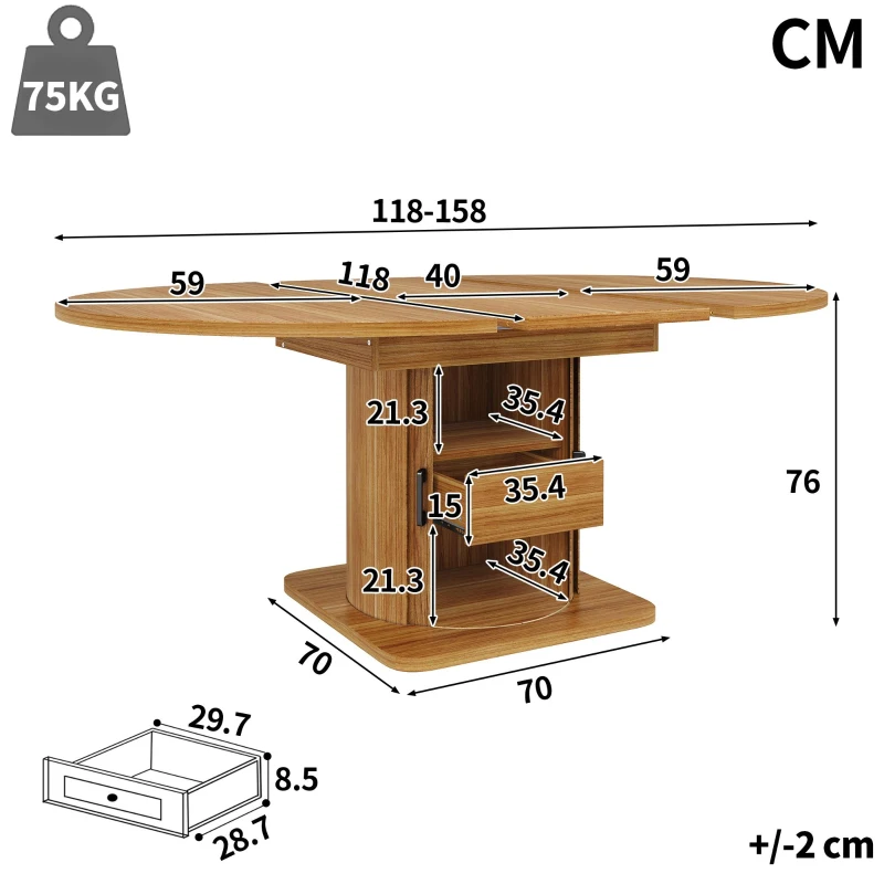 Extendable Dining Table with Space-Saving Round-to-Oval Design, Elegant Convertible Table with Smooth Metal Handle, 118L x 118W x 76H cm, Brown
