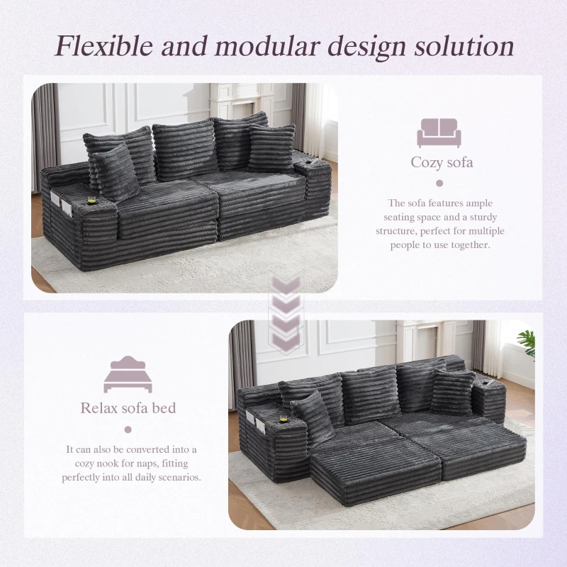 Convertible Sofa Bed with High Backrest and Extra Pillow, Ribbed Corduroy Couch with Dual Side Pockets, 107.5L x 38.5W x 34H cm, Dark Gray