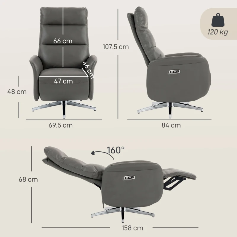 HOMCOM Power Recliner Chair, Swivel Electric Reclining Chair with Type C+USB, Recliner Armchair with Footrest, Dark Grey