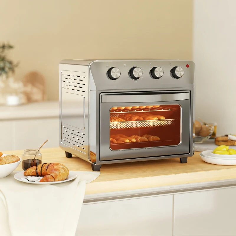 HOMCOM Miniforno com Convecção Fritadeira com Ar Quente 6 Modos de Aquecimento Temporizador Acessórios 24 L Prata