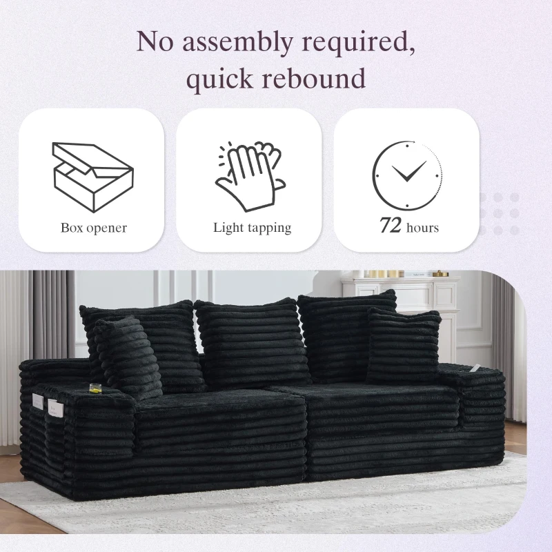 Convertible Sofa Bed with High Backrest and Extra Pillow, Ribbed Corduroy Couch with Dual Side Pockets, 107.5L x 38.5W x 34H cm, Black