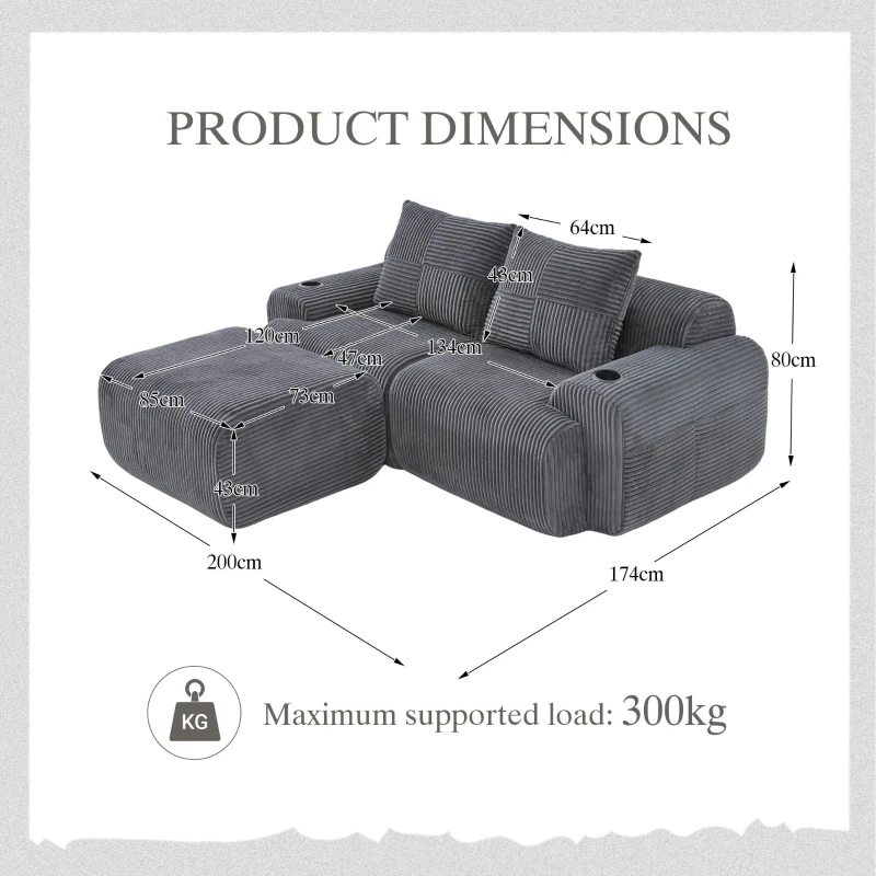 Modular 2-Seater Sofa with Foam-Filled Plush Seats, Dark Grey Corduroy Couch with Built-In Cup Holder, 200L x 174W x 80H cm, Dark Gray