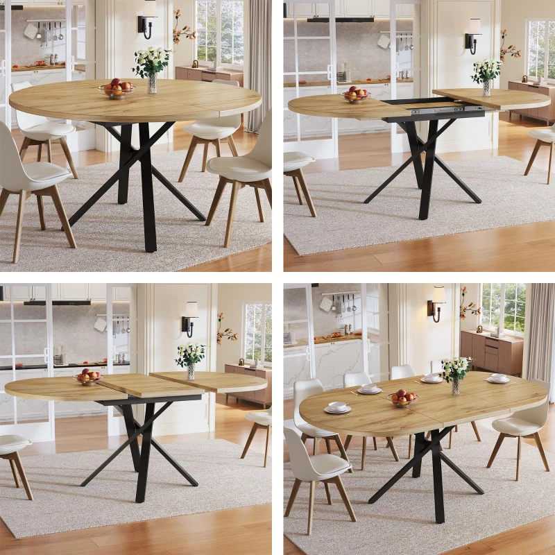 Extendable Dining Table with Sturdy X-Shaped Metal Frame, Space-Saving Convertible Table with Adjustable Feet, 100L x 40W x 75.5H cm, Wood