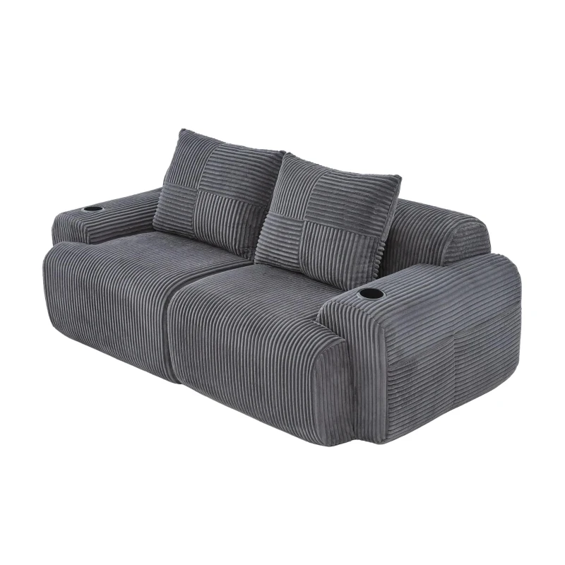 Modular 2-Seater Sofa with Built-In Cup Holder and Side Storage Pocket, Ribbed Corduroy Couch with High-Density Foam, 200L x 99W x 80H cm, Dark Gray