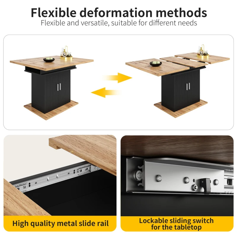 Extendable Dining Table with Space-Saving Telescopic Design, Durable Extension Table with Built-In Storage Shelves, 140L x 70W x 76H cm, Black