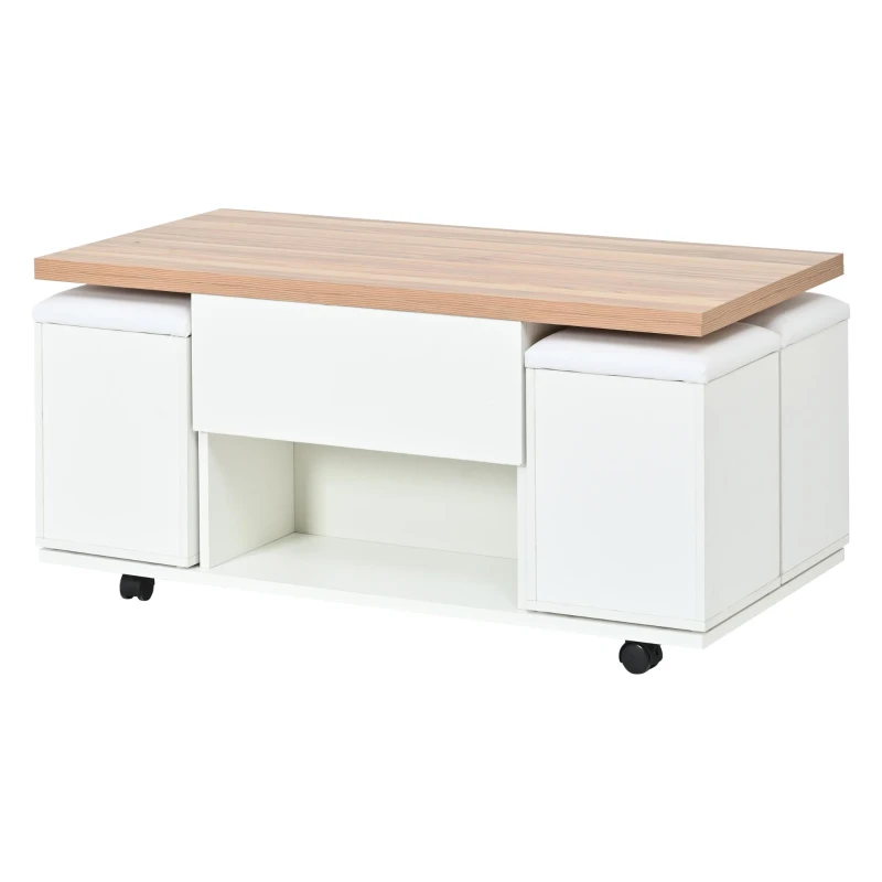 Lift-Top Coffee Table with Hydraulic Lift, Stylish Side Table with 2 Open Shelves, 100L x 50W x 48H cm, Natural+White