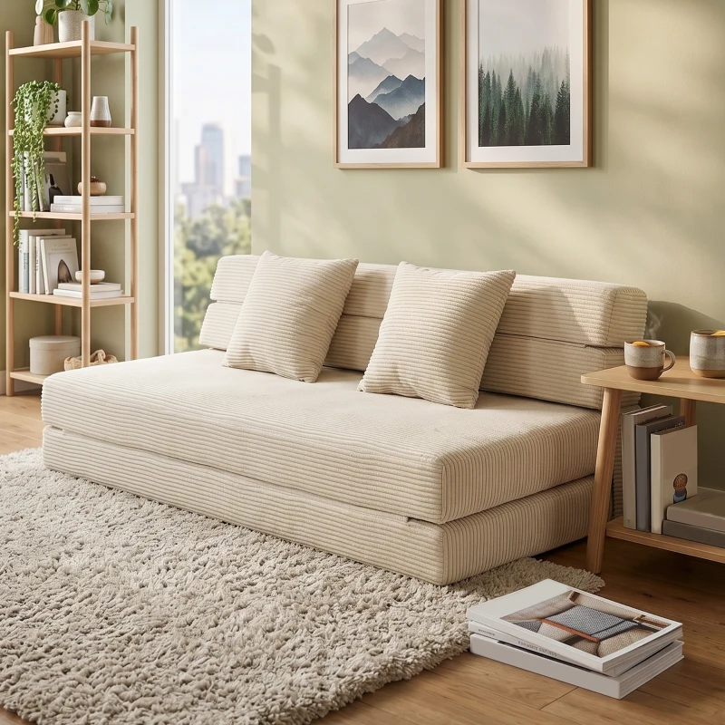 HOMCOM Sofá Cama Plegable 2 en 1 Butaca 2 Plazas Convertible en Terciopelo Acanalado Almohada Bolsillos Laterales Crema