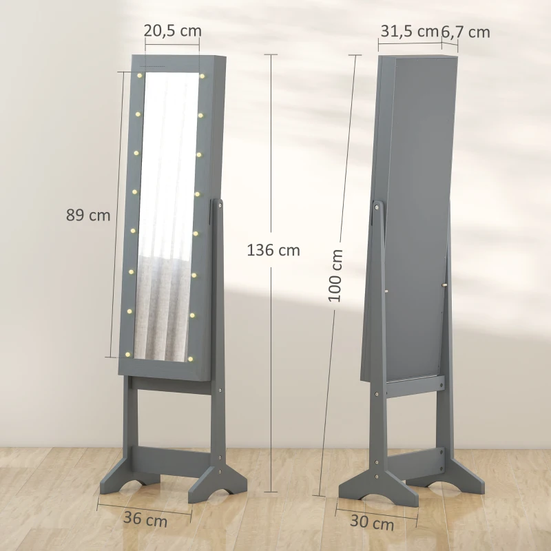 HOMCOM Espejo Joyero con Luces LED Armario para Joyas Armario Joyero de Pie con Espejo Entero Ángulo Ajustable Gris