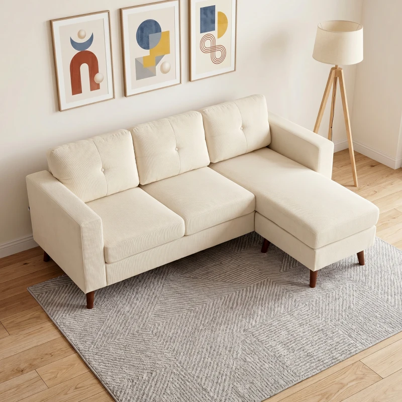 HOMCOM Sofá esquinero 192 cm en L 3 plazas con chaiselongue reversible, acabado en pana, para espacios pequeños, blanco crema