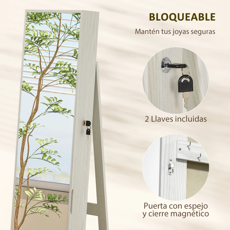 HOMCOM Armario Joyero con Luces LED y Cerradura Espejo Integrada Blanco con Veta de Madera