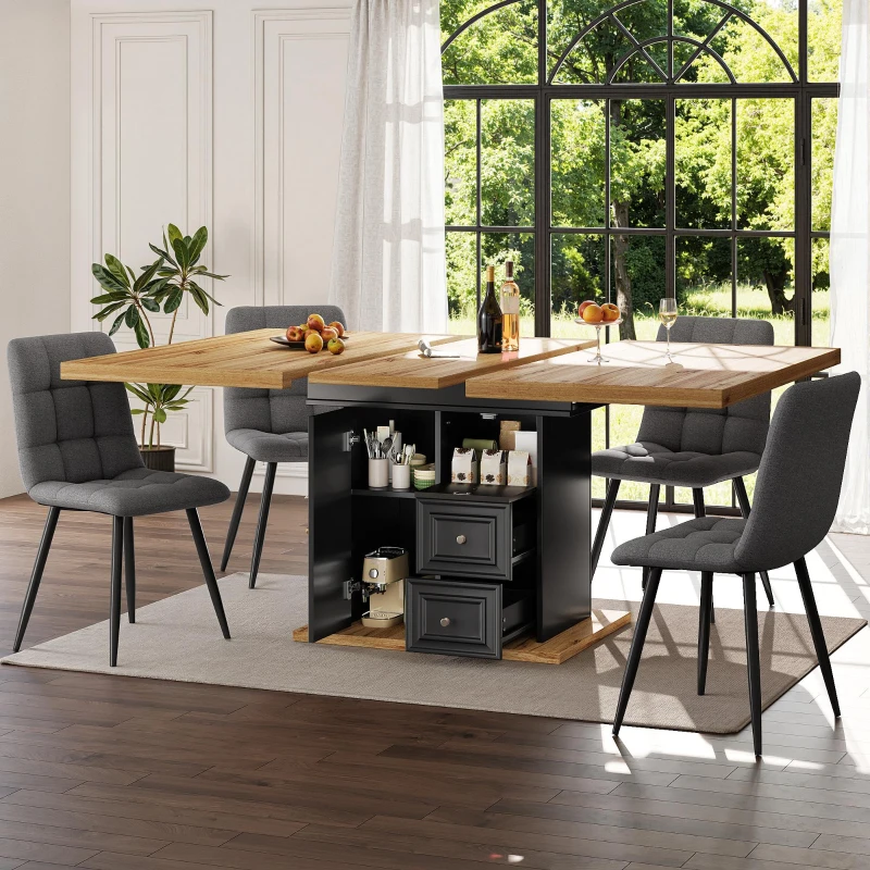 Concealed Telescopic Kitchen Table with High-Density MDF Tabletop, Extendable Dining Table with Built-In Leg Storage, 110L x 80W x 75H cm, Black