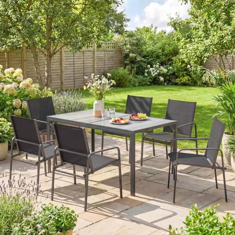 Outsunny Gartenmöbel Set Sitzgruppe 150 x 80cm Tisch mit 6 Atmungsaktiven Stühlen Holzoptik Stahlrahmen Schwarz