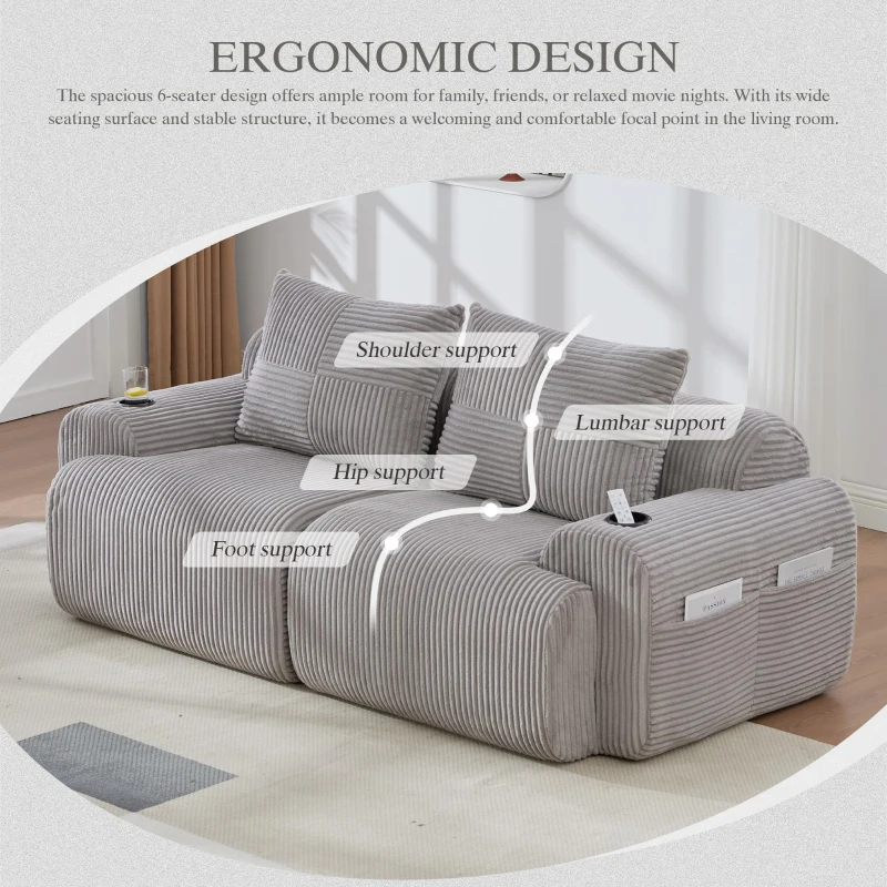 Modular 2-Seater Sofa with Built-In Cup Holder and Side Storage Pocket, Ribbed Corduroy Couch with High-Density Foam, 200L x 99W x 80H cm, Light Gray