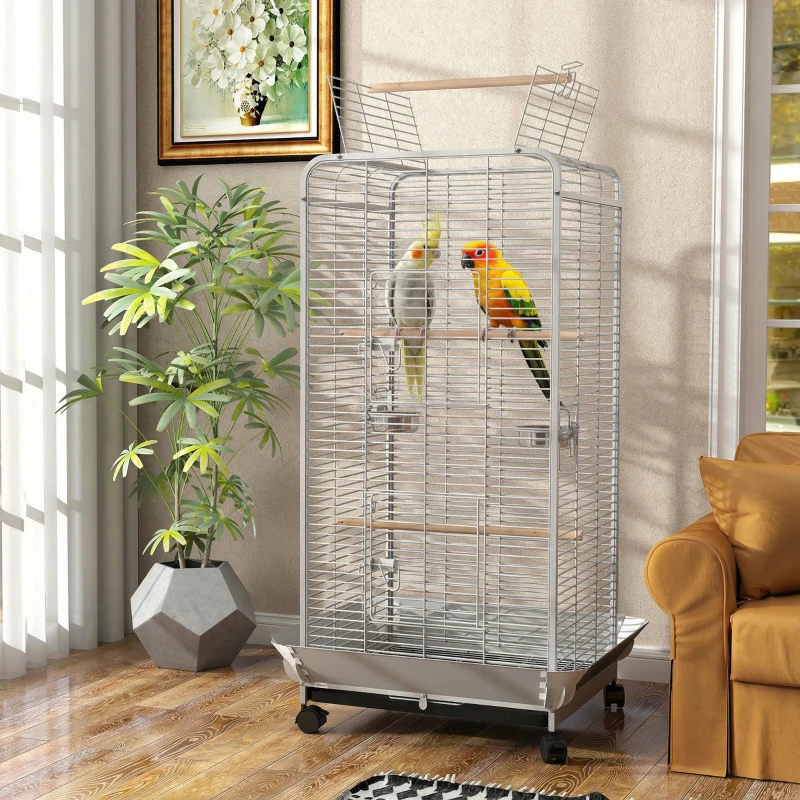PawHut Jaula para Loros con Ruedas Perchas Comederos y Bandeja Extraíble Pajarera para Cacatúas Cotorras 79x73x146cm Gris Claro