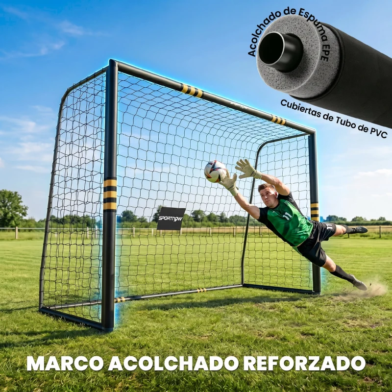 SPORTNOW Portería de Fútbol para Jardín 300x120x200 cm con Red Estructura Metálica y Acolchada EPE Negro y Amarillo