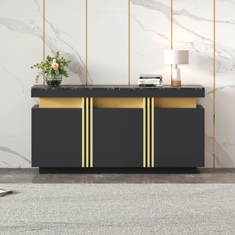 Modern Sideboard with Faux Marble Top and Anti-Tip Fixings, Luxury Storage Unit with Adjustable Shelves, 140L x 38W x 70H cm, Black