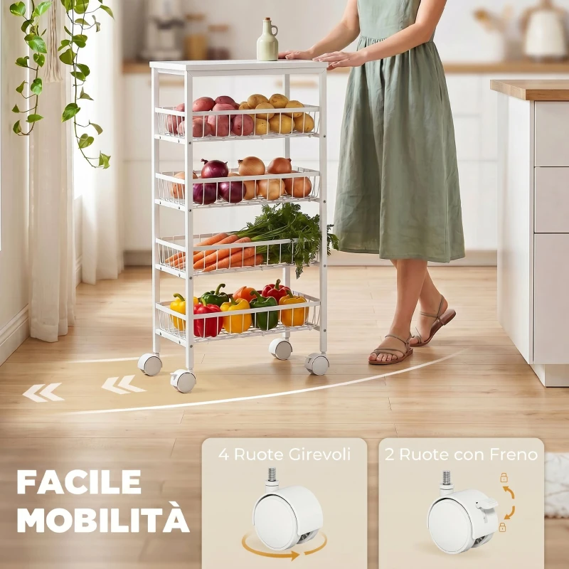 HOMCOM Carrello in Metallo a 4 Ripiani con Cestelli Estraibili, Bianco