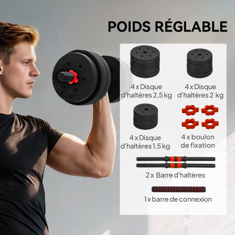 HOMCOM Kit Haltères Musculation 2-en-1, Lot de 2, 25 kg, poids réglable - Barres incluses - entraînement Musculaire & haltérophilie - HDPE Noir Rouge