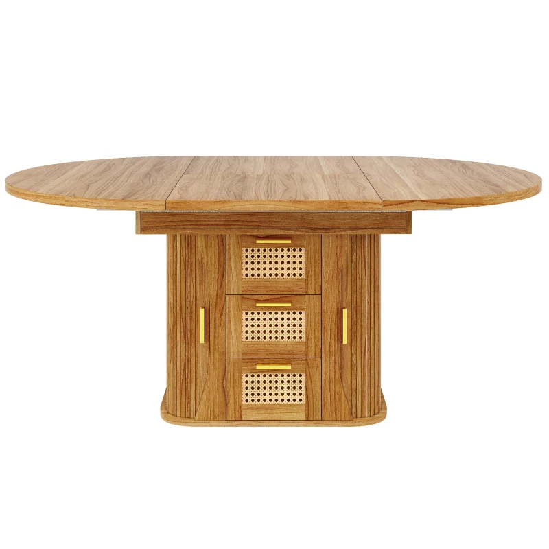 Extendable Dining Table with Sturdy Metal Frame, Space-Saving Center Table with Pull-Out Rattan-Effect Drawers, 118L x 118W x 77H cm, Brown