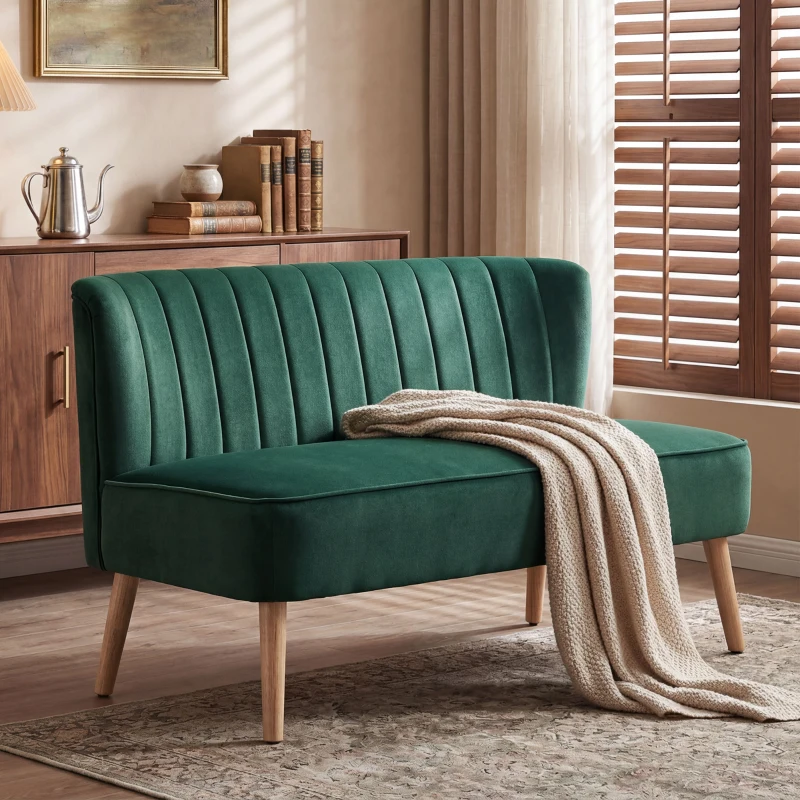 HOMCOM Sofa Retrodesign 2-Sitzer-Sofa, Holzbeine, 117 cm x 56,5 cm x 77 cm, Dunkelgrün
