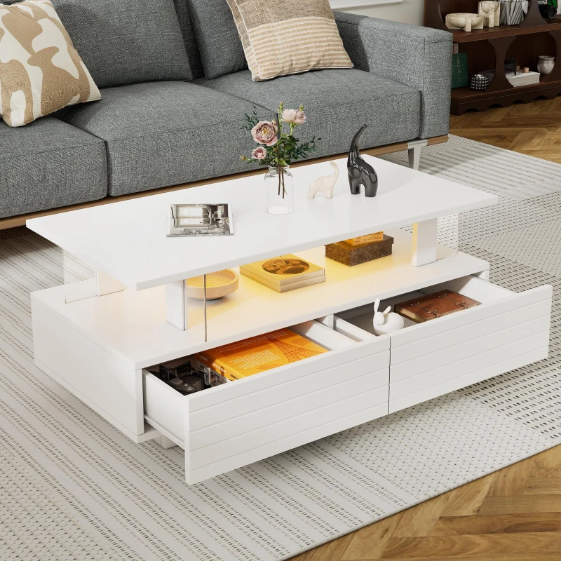 Sleek LED Coffee Table with App-Controlled Lighting, Stylish Center Table with Open Storage Shelf, 100L x 50W x 42.5H cm, White