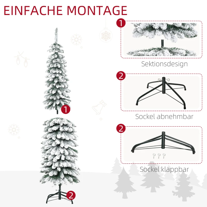 HOMCOM Künstlicher Weihnachtsbaum, schneebedeckt, schmales Design, feuerfest, 180 cm, Grün/Weiß