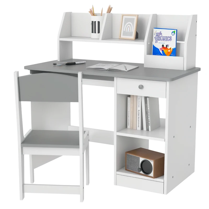ZONEKIZ Kinderschreibtisch mit ergonomischem Stuhl mit herausziehbarer Tastaturschublade, Nischen und offenen Regalen 90 x 45 x 90 cm grau