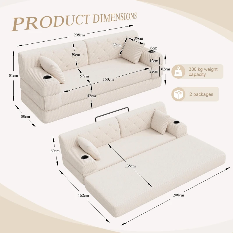 3-Seater Sleeper Sofa with Corduroy High-Back and High-Density Foam, Space-Saving Sofa Bed with 4 Side Pockets, 208L x 80W x 81H cm, Beige