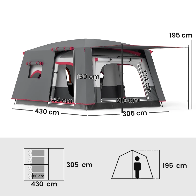 Outsunny Tienda de Campaña Familiar 4 Personas con 2 Habitaciones Zona de Estar y Protección Impermeable 430x305 cm Rojo