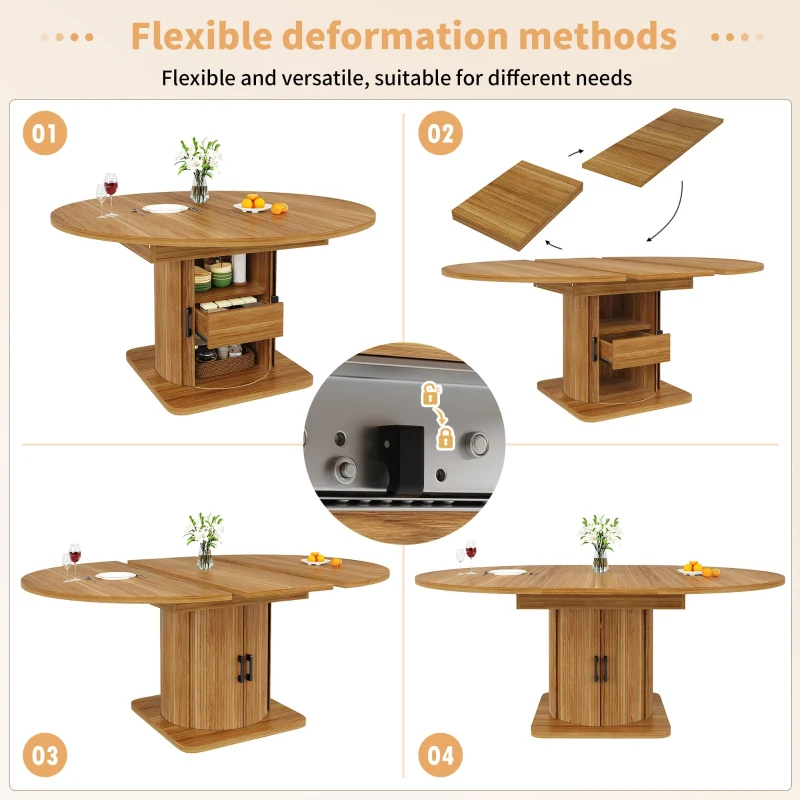 Extendable Dining Table with Space-Saving Round-to-Oval Design, Elegant Convertible Table with Smooth Metal Handle, 118L x 118W x 76H cm, Brown