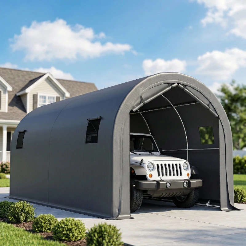 Outsunny Carport 3x6m, Garaj Portabil cu Ușă și Ferestre, Gri Închis