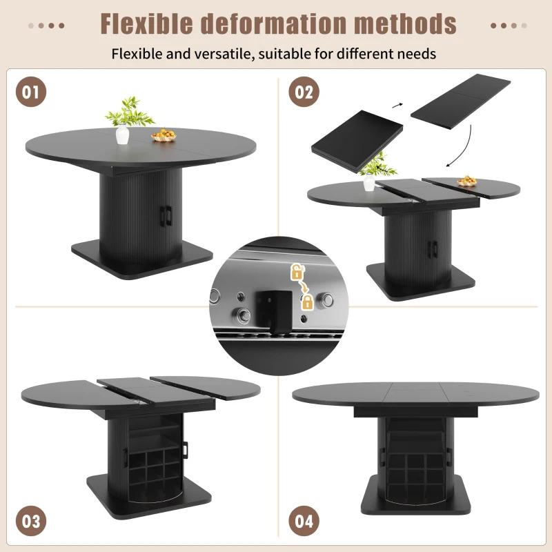 Extendable Dining Table with Hidden Storage and Wine Rack, Multifunctional Folding Table with Removable Shelves, 118L x 118W x 76H cm, Black