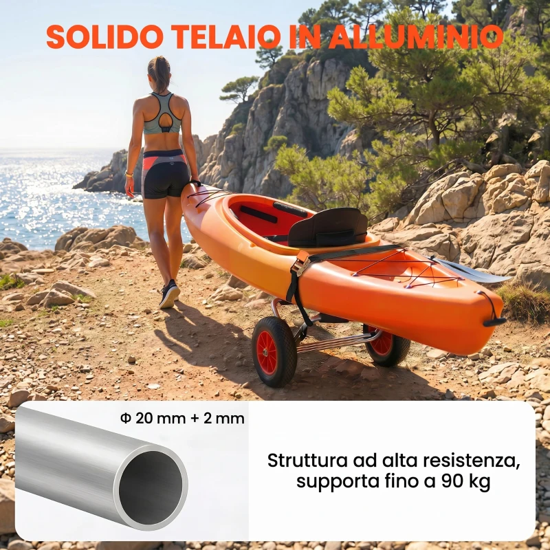 HOMCOM Carrellino da Spiaggia Pieghevole per Kayak e Canoa con Paraurti, in Alluminio e NBR, 70x40x42 cm