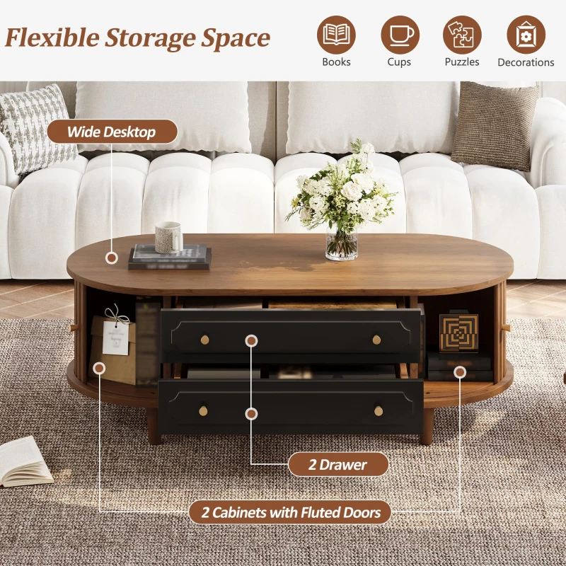 Living Room Coffee Table with 2 Drawers and Roll-Up Door, Minimalist Center Table with 4 Support Legs, 100L x 50W x 36H cm, Walnut