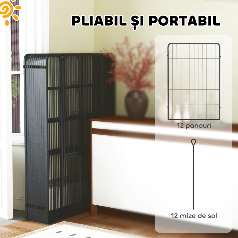 PawHut Țarc pentru Câini Pliabil din Oțel cu Țăruși pentru Interior și Exterior, 68 x 100 cm, 12 Panouri, Negru