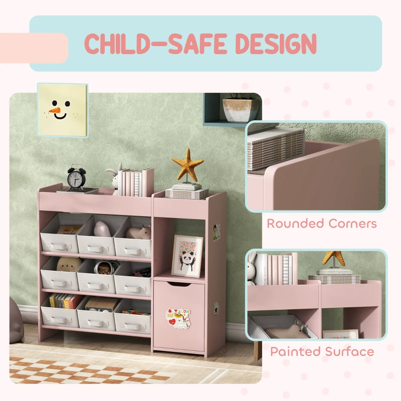 AIYAPLAY Kids Toy Storage, 9 Removable Fabric Bins, Wooden Toy Storage Units for Toys and Books for Bedroom, Nursery, Pink