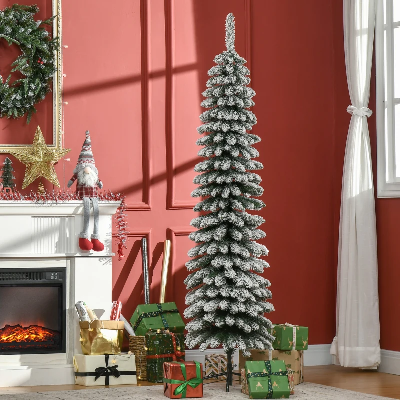 HOMCOM Künstlicher Weihnachtsbaum, schneebedeckt, schmales Design, feuerfest, 180 cm, Grün/Weiß