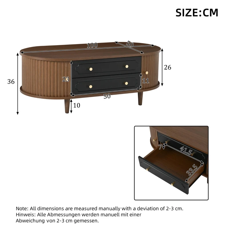 Living Room Coffee Table with 2 Drawers and Roll-Up Door, Minimalist Center Table with 4 Support Legs, 100L x 50W x 36H cm, Walnut