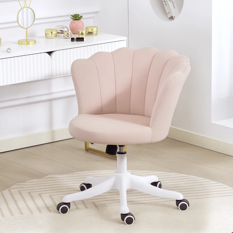HOMCOM Bürostuhl aus Velours, Schminkstuhl mit blütenblattförmiger Rückenlehne, höhenverstellbar, 69 x 64 x 80-90 cm, rosa
