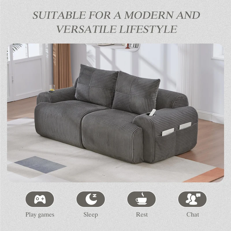 Modular 2-Seater Sofa with Built-In Cup Holder and Side Storage Pocket, Ribbed Corduroy Couch with High-Density Foam, 200L x 99W x 80H cm, Dark Gray