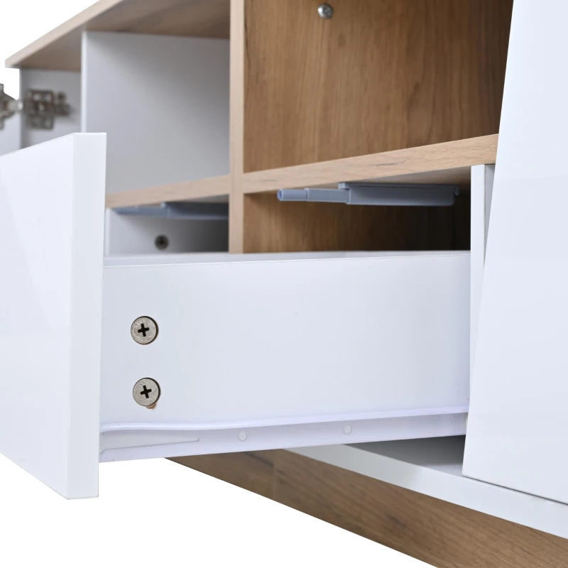 LED TV Stand with App-Controlled Ambient Lighting, Low-Profile TV Cabinet with Cable Management, 180L x 40W x 46H cm, White+Oak