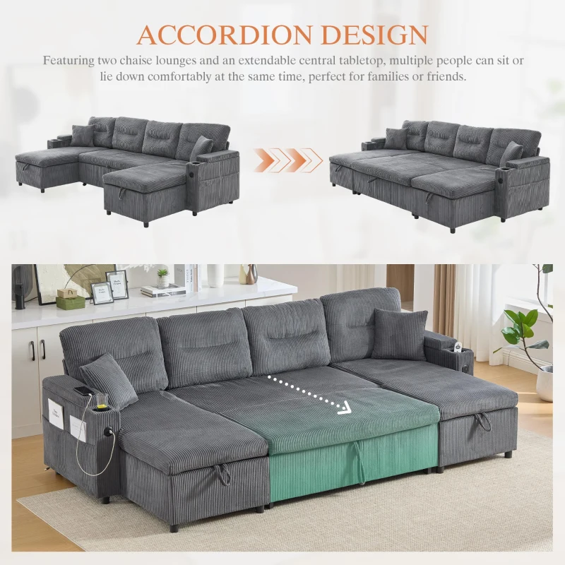 Contemporary 4-Seater Fabric Sofa with 2 Chaise Longues, Minimalist U-Shaped Couch with Integrated Cup Holders, 272L x 136W x 86H cm, Dark Gray