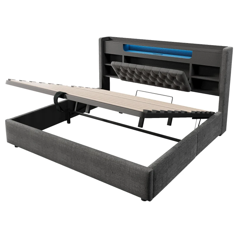 6ft Super King Upholstered Bed with Hydraulic Storage, Stylish Modern Bed Frame with Ambient LED Lighting, 223L x 188W x 115H cm, Grey