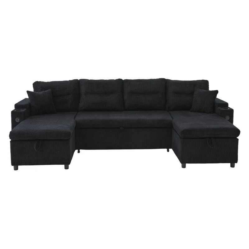 Contemporary 4-Seater Sofa with 2 Chaise Longues, Ribbed Corduroy Couch with Built-In Cup Holders, 272L x 136W x 86H cm, Black