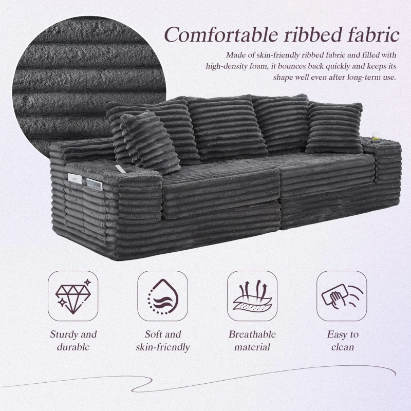 Convertible Sofa Bed with High Backrest and Extra Pillow, Ribbed Corduroy Couch with Dual Side Pockets, 107.5L x 38.5W x 34H cm, Dark Gray