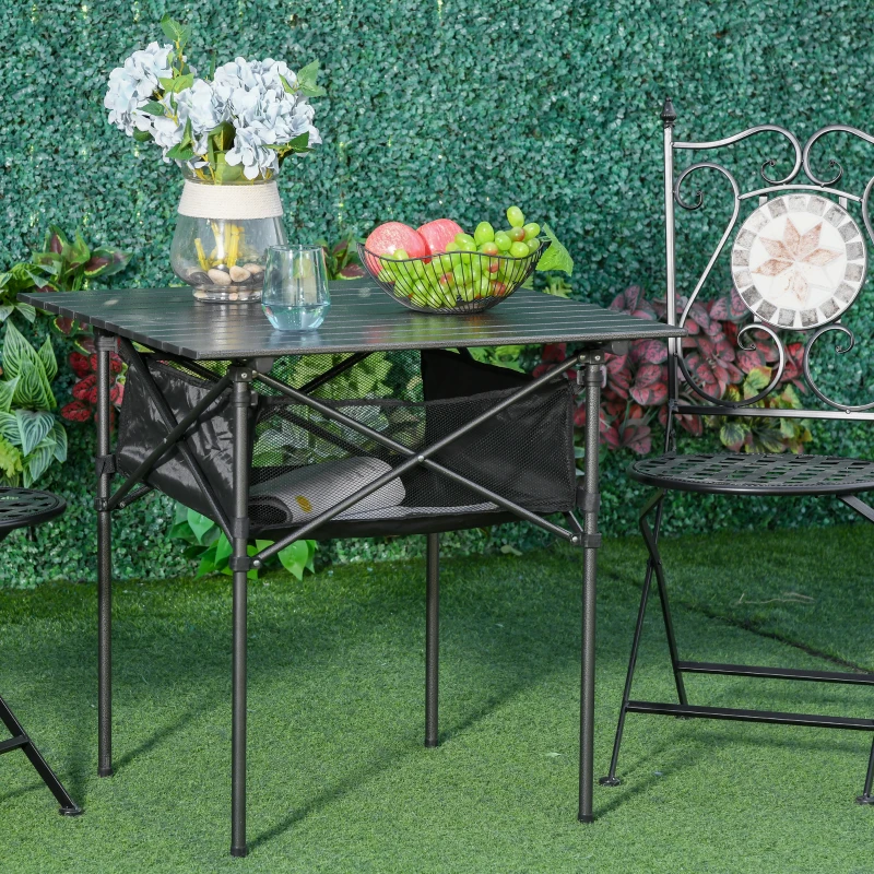 Outsunny Table pliante table de camping table de jardin filet rangement + sac transport plateau alu. châssis métal époxy noir