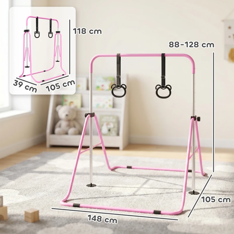 HOMCOM Barre de gymnastique pour enfants, barre horizontale pliable à hauteur réglable avec anneaux de gymnastique, rose