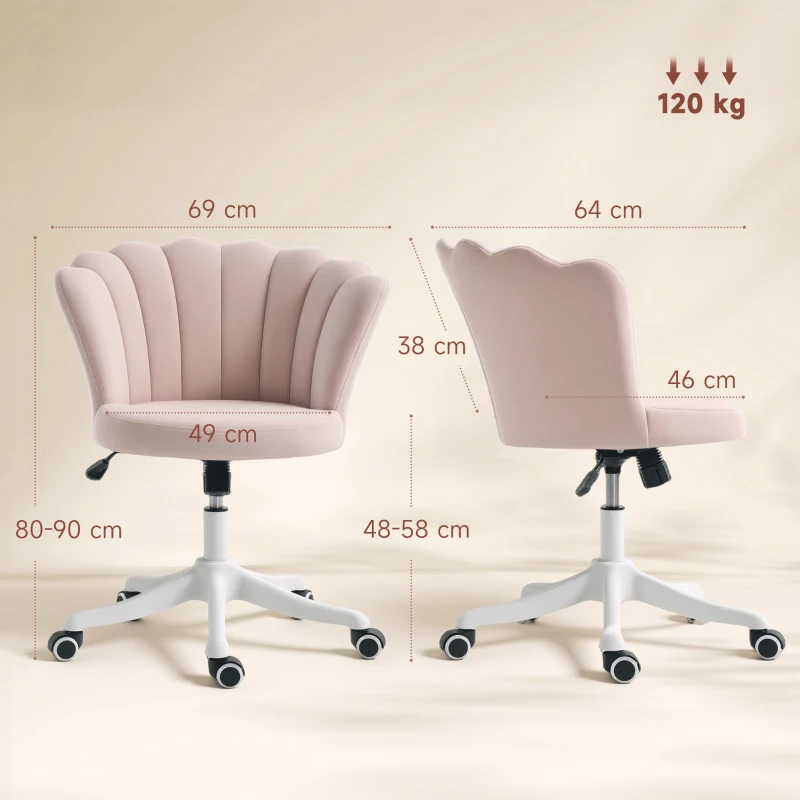 HOMCOM Bürostuhl aus Velours, Schminkstuhl mit blütenblattförmiger Rückenlehne, höhenverstellbar, 69 x 64 x 80-90 cm, rosa