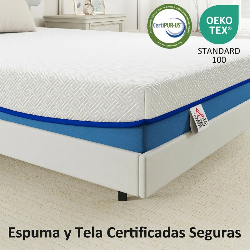 HOMCOM Colchón 190x135 cm Grosor 20 cm Colchón Viscoelástico con Té Verde Firmeza Media Cama Refrescante con Espuma de Gel
